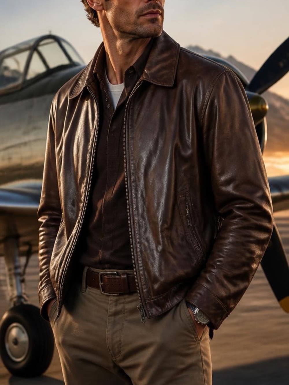 Preston & York Mens Leather Jacket Sz L Chocolate Brown Aviator Look 2 Pockets